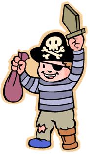 Cheerful cartoon pirate boy in striped shirt and eye patch, holding a sword and money bag.