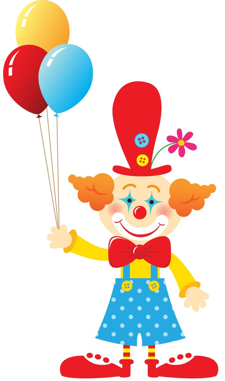 Cheerful cartoon clown holding three colorful balloons with a flower on his hat.