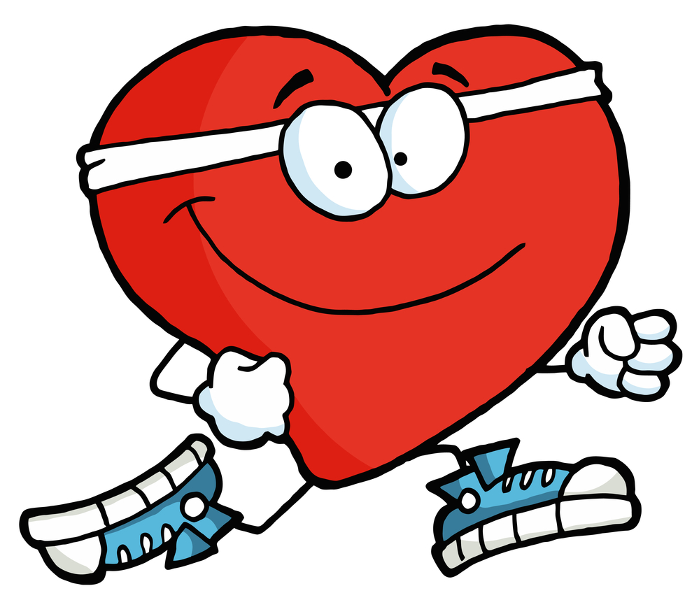 A cheerful red heart character wearing white headband and blue sneakers, running with a smile.