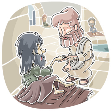Jesus healing a man with leprosy in a stone courtyard, biblical illustration.