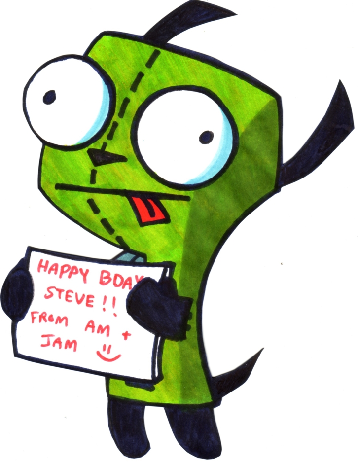 Green cartoon alien with large eyes holding a handwritten "Happy Birthday Steve!!" sign.
