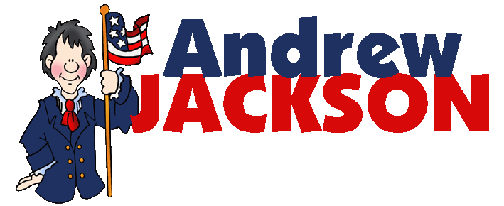 Cartoon illustration of Andrew Jackson holding an American flag, wearing a blue coat and red tie.