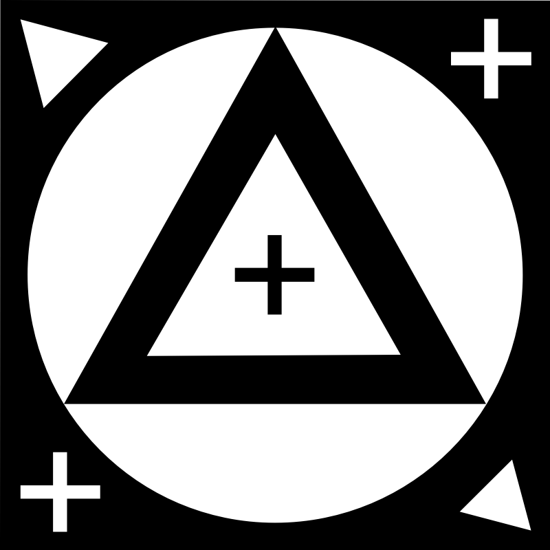 Black equilateral triangle with white plus sign inside, centered on white circle against black background with corner plus symbols and diagonal lines.