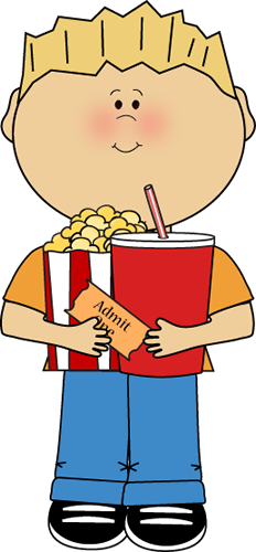 A cartoon boy with blond hair holds a popcorn box, red soda cup, and an "Admit One" ticket, ready for the movies.