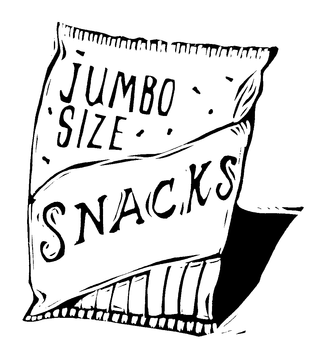 Black-and-white illustration of a crinkled jumbo-size snack bag with bold hand-drawn lettering.