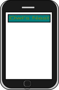 Smartphone displaying "Owl's Nest" logo in teal text on white background within a black device frame.