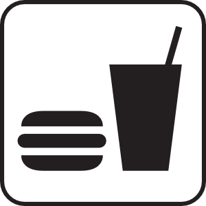 Black-and-white icon of a hamburger and soft drink in a cup with straw, enclosed in a rounded square.
