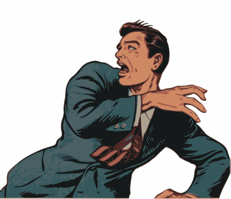A man in a suit choking, eyes wide and mouth open in distress, illustrated in bold comic-book style.