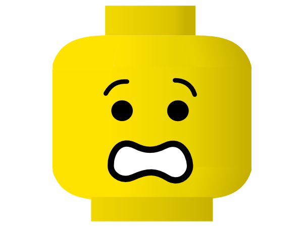 Yellow LEGO minifigure head with worried expression, furrowed brows, and open mouth showing concern.