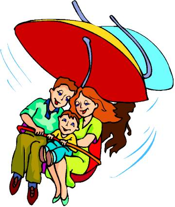 A cheerful family of three-father, mother, and child-riding together under a large red umbrella blown by strong wind.
