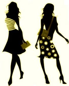 Two stylish female silhouettes in fashionable dresses and accessories, walking confidently.