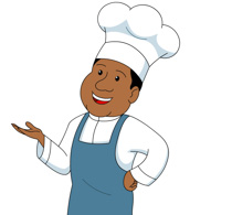 Smiling cartoon chef in white hat and blue apron gesturing warmly.