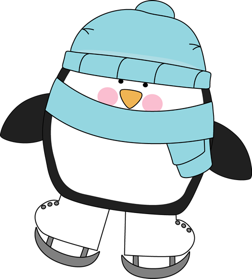 Cute cartoon penguin wearing a blue winter hat, scarf, and ice skates, ready for cold-weather fun.