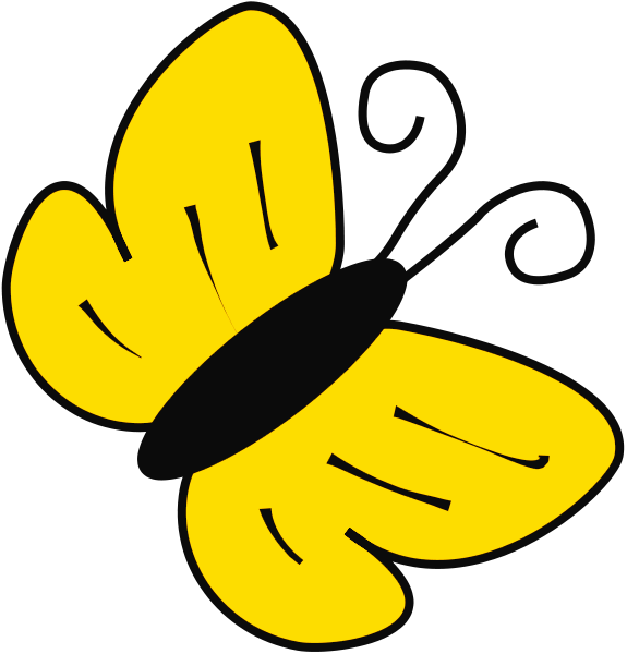 Bright yellow cartoon butterfly with black body and antennae, stylized wings with simple vein lines.