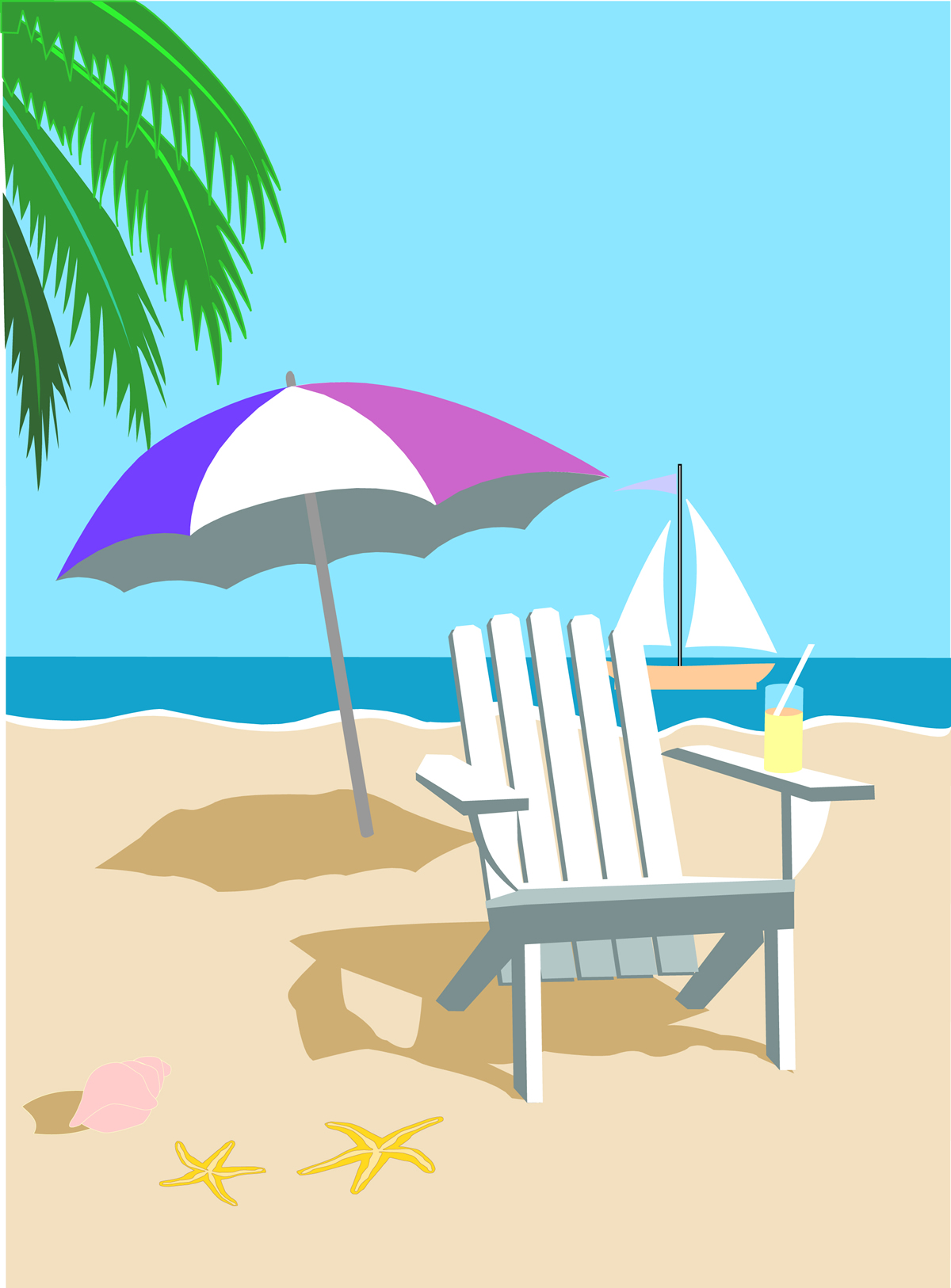 White Adirondack chair under purple-and-white beach umbrella on sandy shore with palm fronds, starfish, shell, and sailboat in background.