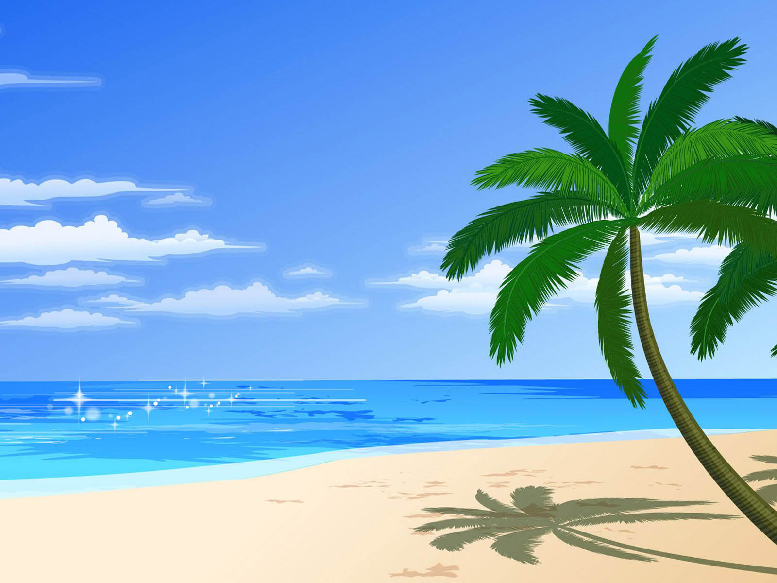 Serene tropical beach with palm tree, turquoise ocean, and clear blue sky with scattered clouds.