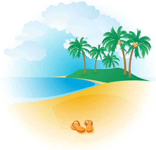 Tropical beach with palm trees, turquoise water, sandy shore, and orange flip-flops in foreground.