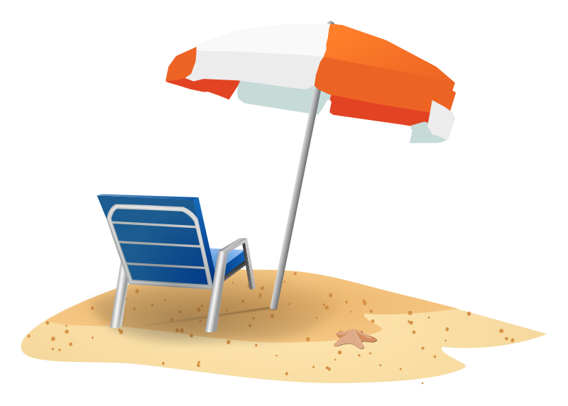 Blue beach chair under a striped orange-and-white umbrella on sandy shore with starfish.