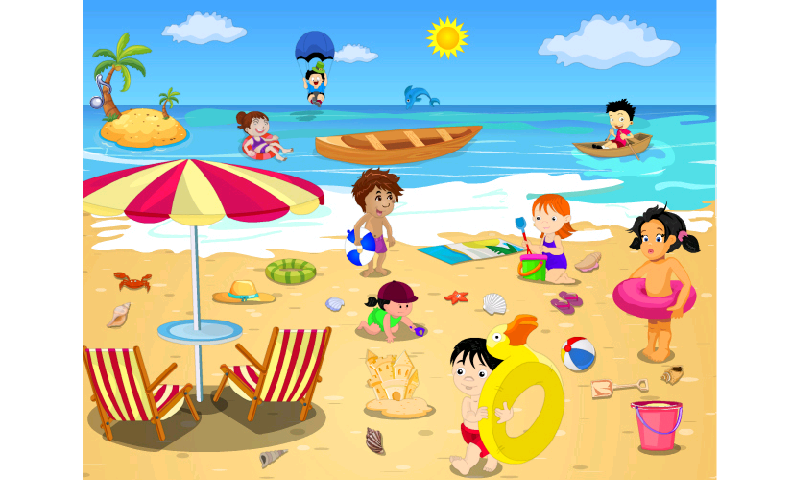 Children playing on a sunny beach with sandcastles, umbrellas, boats, and toys under a bright blue sky.