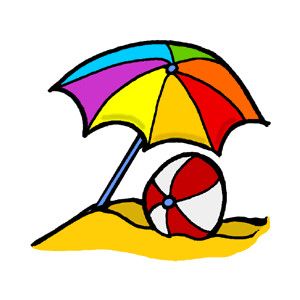 Colorful rainbow beach umbrella and red-white striped ball on yellow sand.