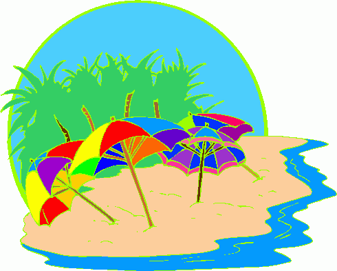 Colorful beach umbrellas on sandy shore with palm fronds and blue sky backdrop.