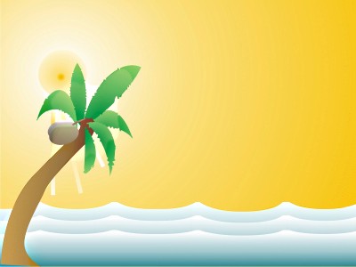 A stylized palm tree leaning over turquoise ocean waves under a bright yellow sunset sky.