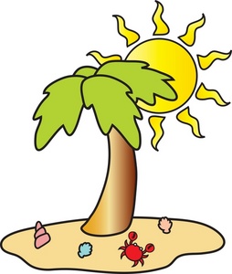 Tropical Island Cartoon Illustration - Sunny Beach Scene with Palm Tree & Crab