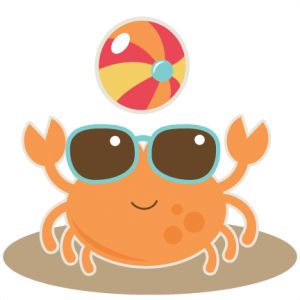 Cheerful orange cartoon crab wearing sunglasses with a colorful beach ball balanced on its head, standing on sand.