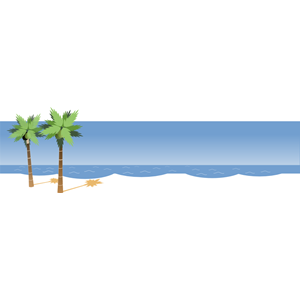 Two palm trees on a white sandy beach with calm blue ocean and sky in the background.
