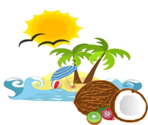 Sunny tropical beach with palm trees, striped umbrella, coconuts, and flying birds under a bright yellow sun.