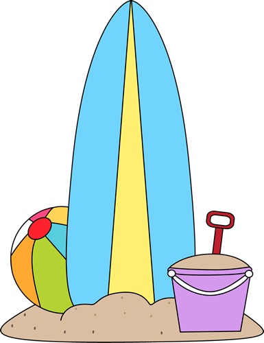 Blue and yellow surfboard standing in sand beside a colorful beach ball and purple sand bucket with red shovel.