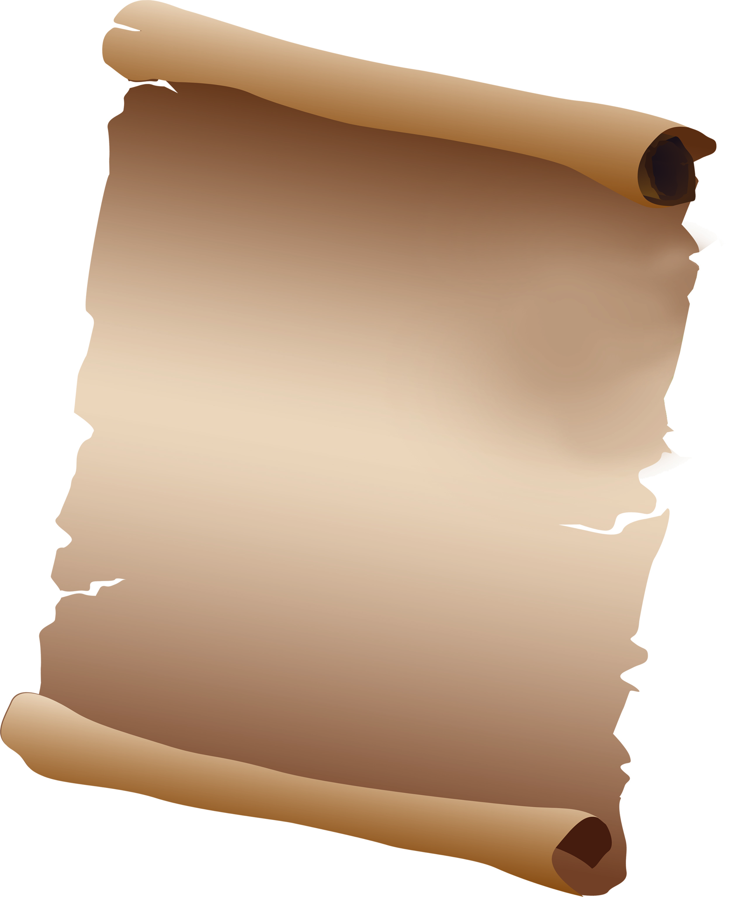 Vintage parchment scroll with aged, torn edges and rolled ends, isolated on white background.