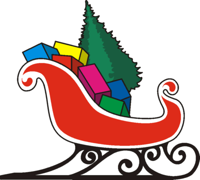 A red Christmas sleigh filled with colorful gift boxes and a green pine tree, in festive cartoon style.
