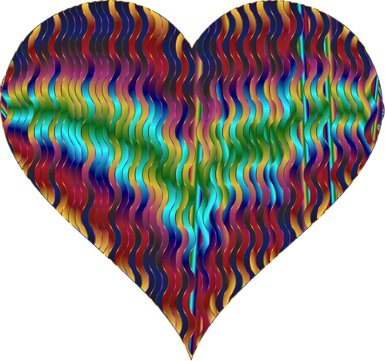 Vibrant multicolored wavy stripes forming a heart shape on black background.
