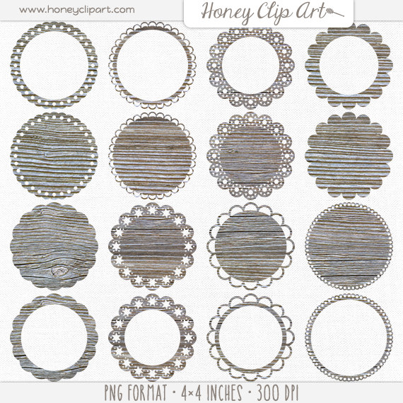 Collection of 16 rustic wooden and lace-style circular frames in PNG format, ideal for scrapbooking, invitations, and digital design projects.