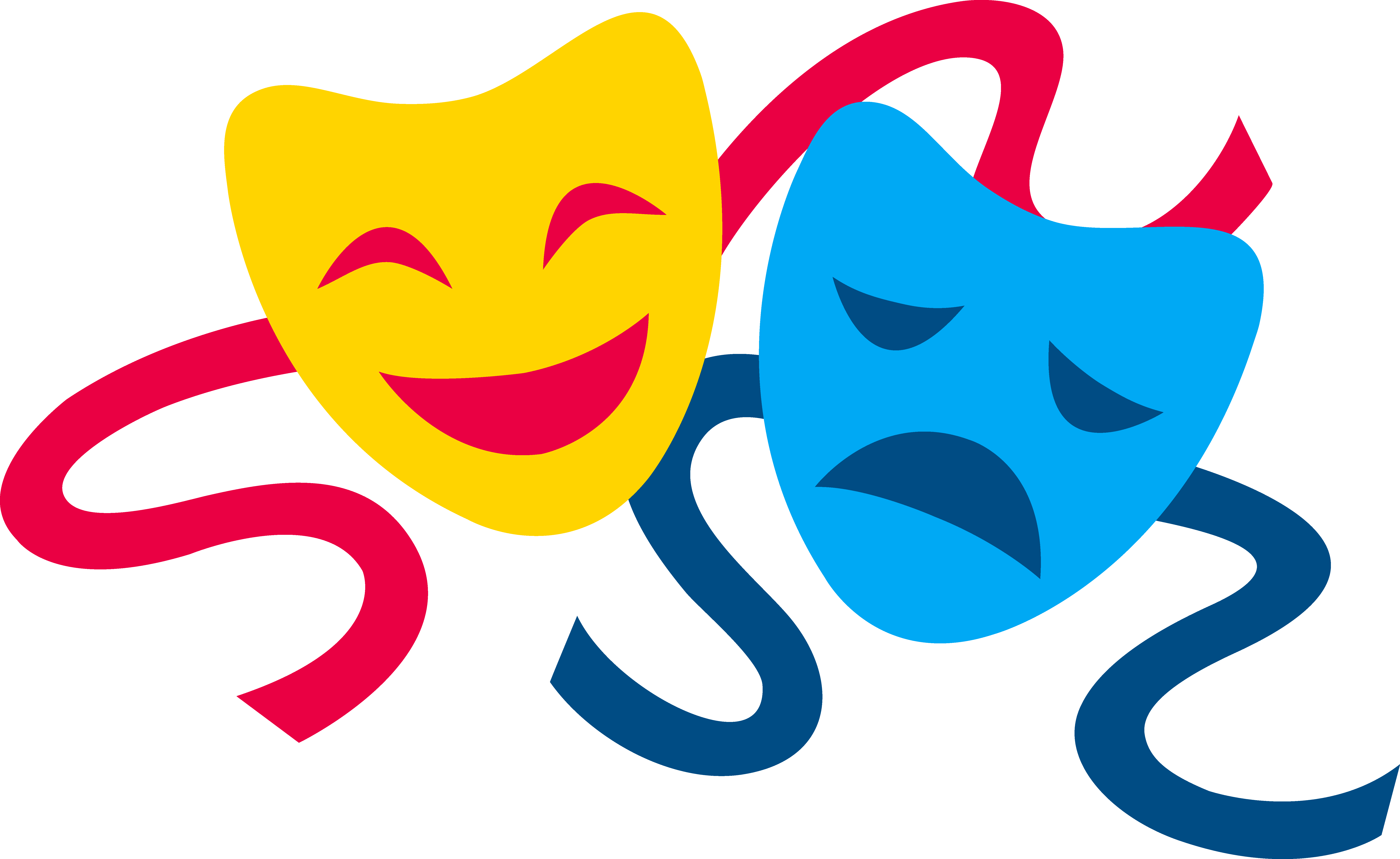 Yellow comedy and blue tragedy theater masks with red and navy ribbons, symbolizing drama and performance arts.