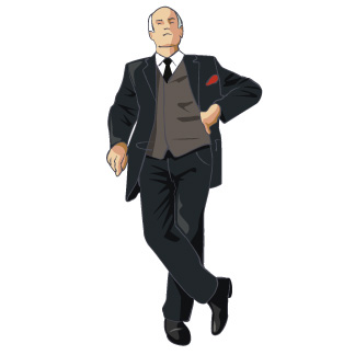 Confident bald businessman in dark suit, vest, and red pocket square, posing with hand on hip.