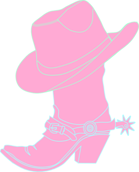 Pink cowboy hat and boot with spur, outlined in light blue, stylized illustration.