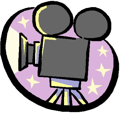 Cartoon movie camera with twin reels on a purple starry background, symbolizing film production or cinema.