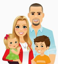 Happy family of four smiling together - mother, father, son, and daughter in colorful casual clothes.