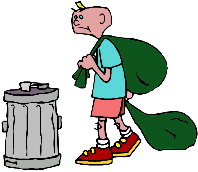 A cartoon boy with a green trash bag slung over his shoulder stands beside a gray trash can, looking concerned.