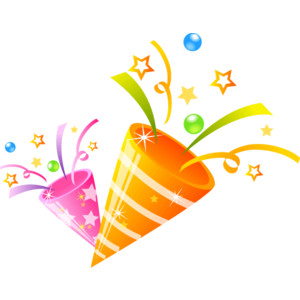 Colorful party poppers bursting with stars, streamers, and confetti against a white background.