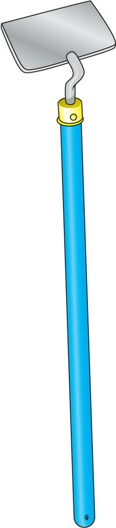 Blue-handled garden hoe with metal blade and yellow connector, illustrated in clean vector style.