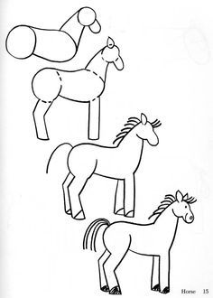 Step-by-step line drawing tutorial showing how to draw a horse in three progressive stages from basic shapes to detailed outline.