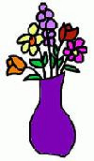 Hand-drawn colorful flowers-including yellow, orange, red, pink, and purple blooms-in a vibrant purple vase.