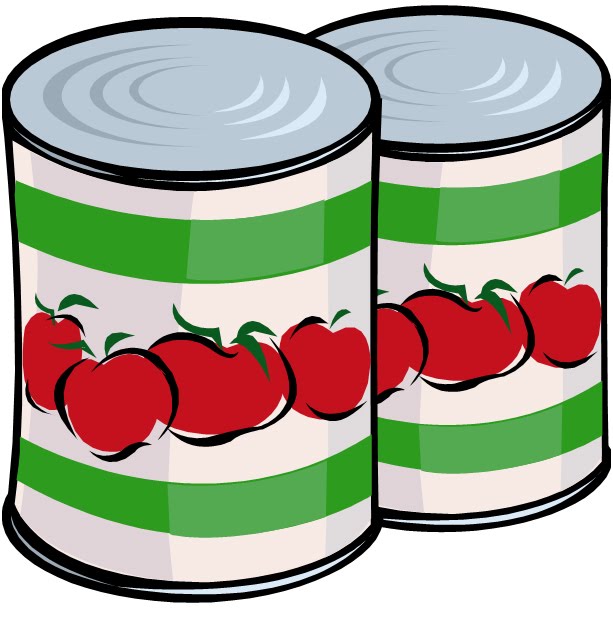 Two illustrated cans of tomato sauce with green stripes and red tomato graphics on white labels.