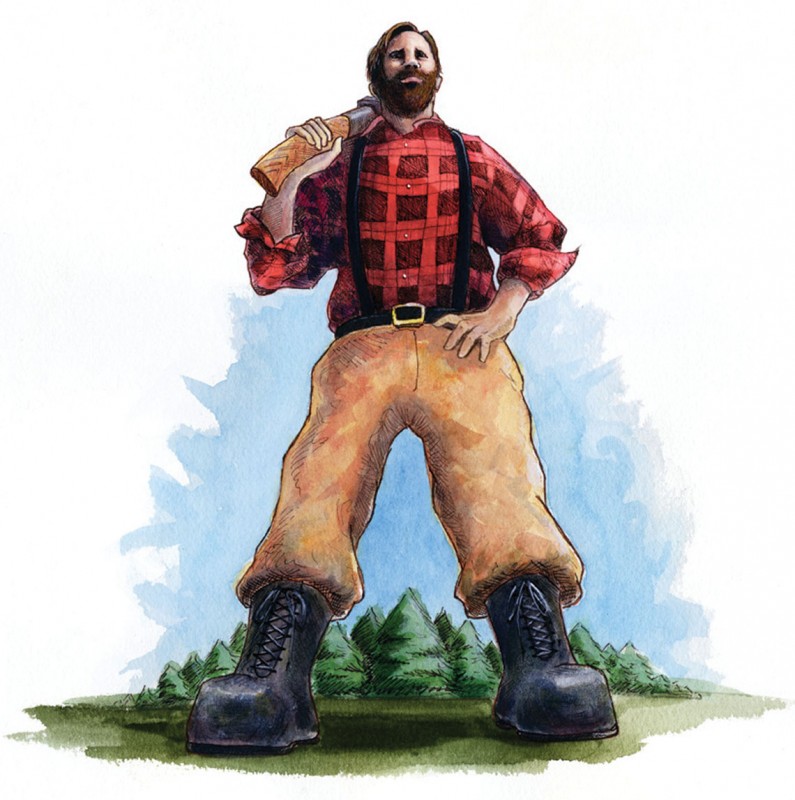 Bearded lumberjack in red plaid shirt and suspenders, holding an axe over his shoulder, standing confidently in a forest setting.