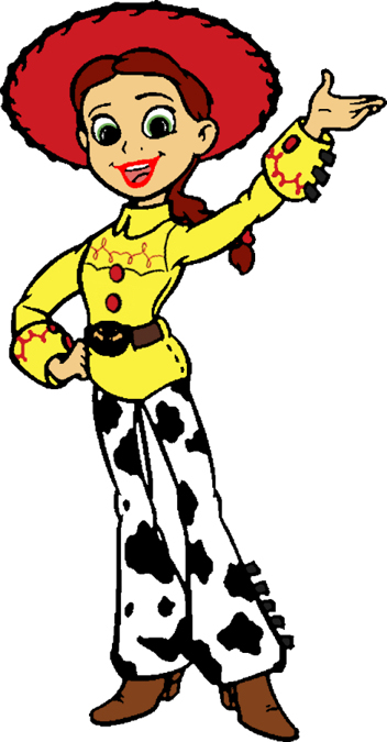 Jessie the Cowgirl from Toy Story, wearing a yellow shirt, cow-print pants, and red hat, smiling and gesturing.