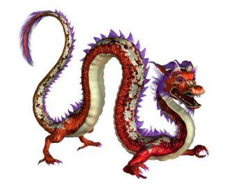A vibrant red and purple Chinese dragon with spiky scales, coiled posture, and fierce expression against a white background.