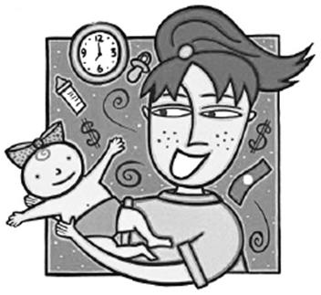 A smiling mother holds her baby while clocks, money symbols, and diapers float around them, illustrating work-life balance challenges.